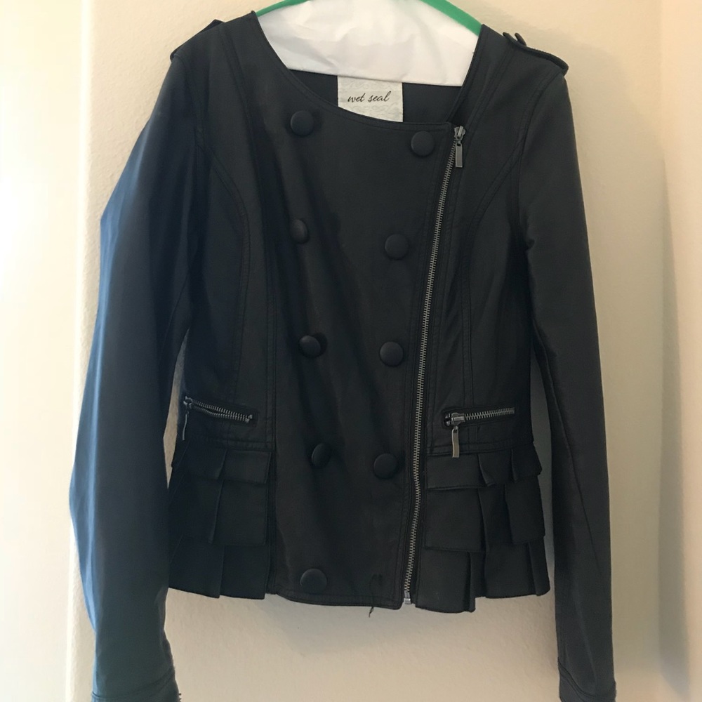 Black Pleather Jacket with Trim